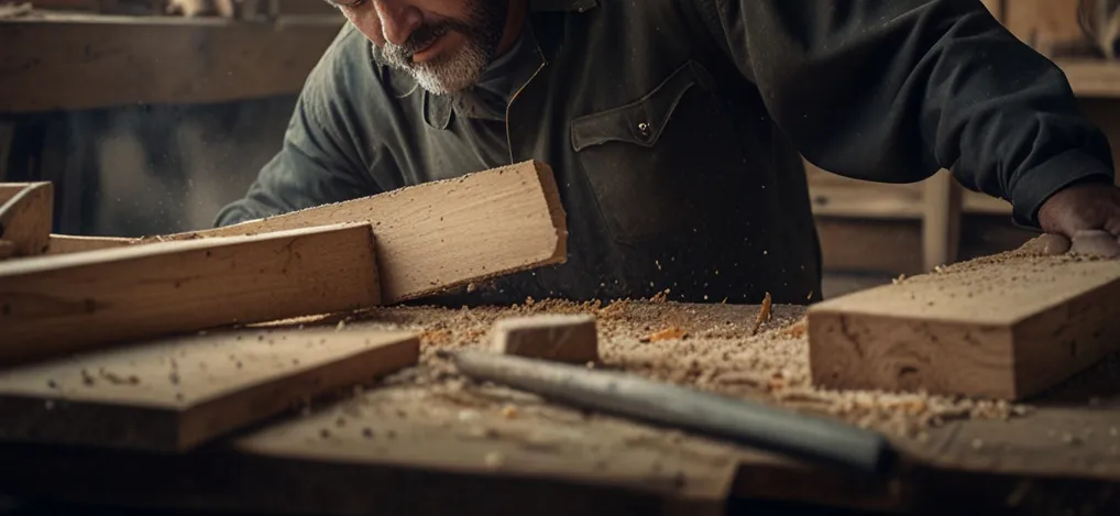 Hombre trabajando la madera en un banco de trabajo