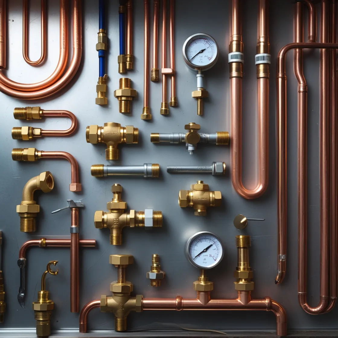 Renderizado 3D de distintos elementos que en su conjunto representan el oficio de gasfitería. En la imagen se puede ver tuberías de cobre, conectores, etc.