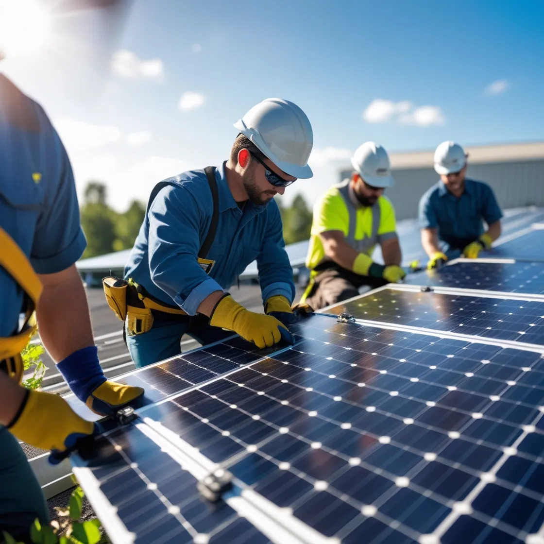 Grupo de trabajadores instalando paneles solares